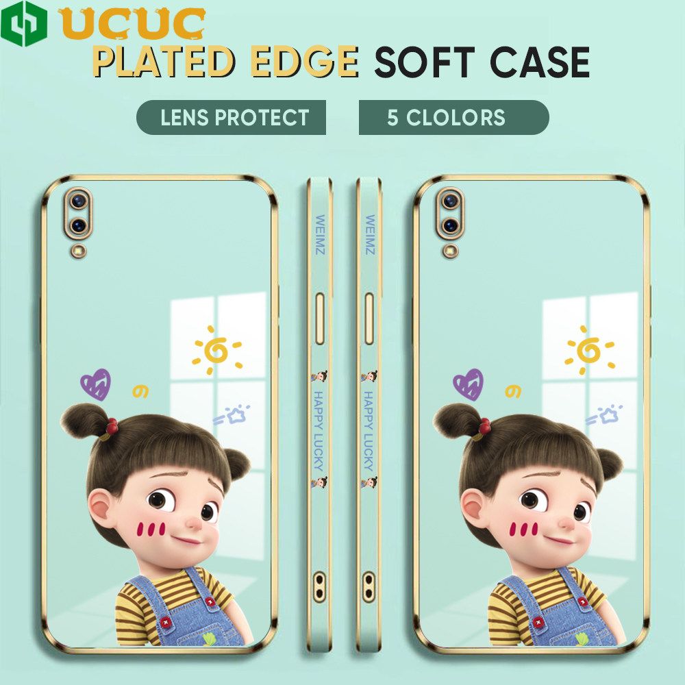 UCUC for Vivo Y93 Back Cover + Free Lanyard Lovely Girl Luxury 6D Plating Case Side Pattern Soft Silicone Square Phone Cases