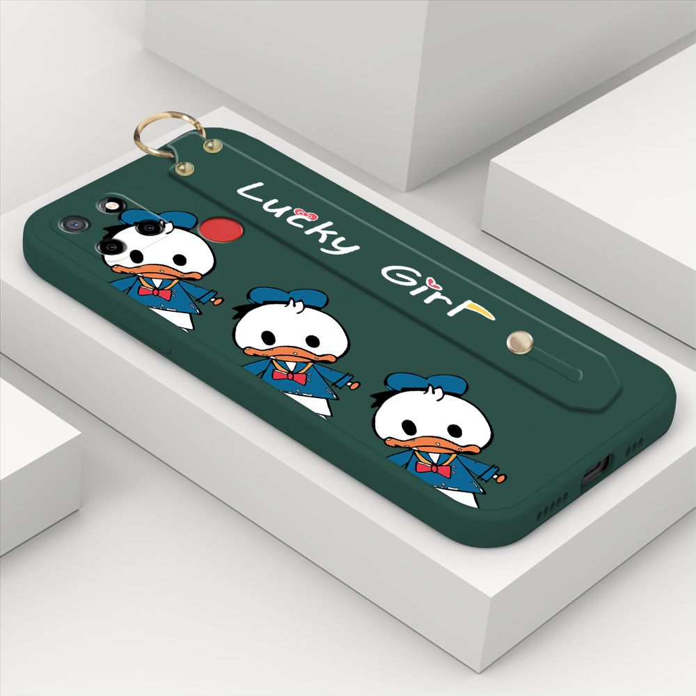 ZeroQiQi for Realme C12 Wrist Strap Case Cute Cartoon Little Duck Phone Case Square Edge Liquid Silicone Case Full Cover Camera Shockproof Protective Cases