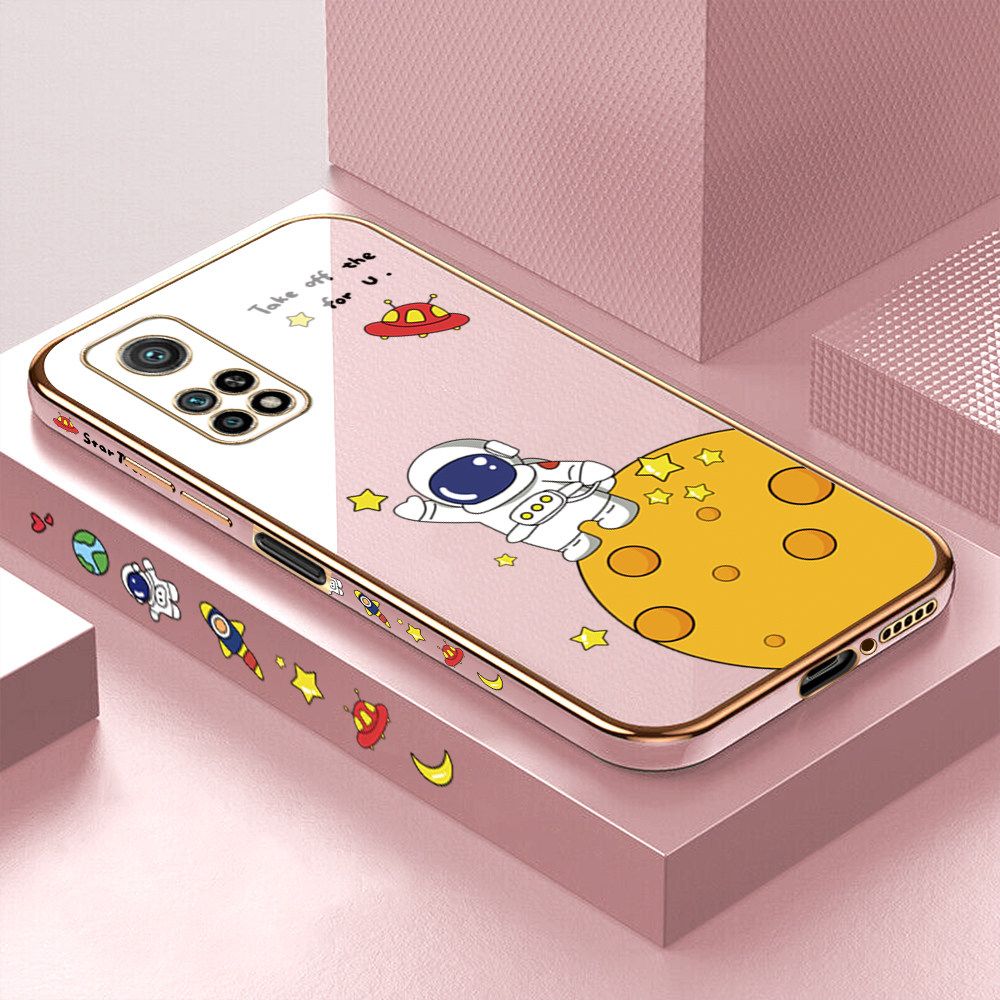 Luxury 6D Plating Case for Xiaomi 10T Cute Cartoon Happy Astronaut Side Pattern Back Cover Soft Silicone Square Frame Shiny Bling Phone Cases + Free Lanyard