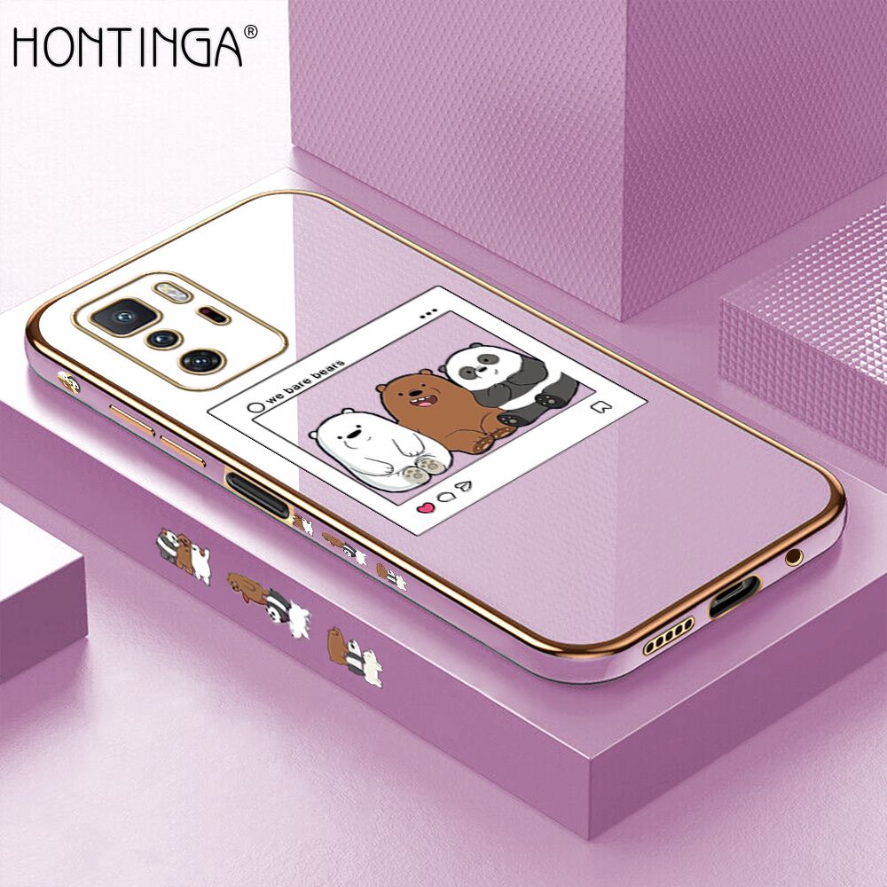 Hontinga for Xiaomi Poco X3 GT Back Cover + Free Lanyard Luxury 6D Plating Photo three bears Side Pattern Case Soft Silicone Square Mobile Cover