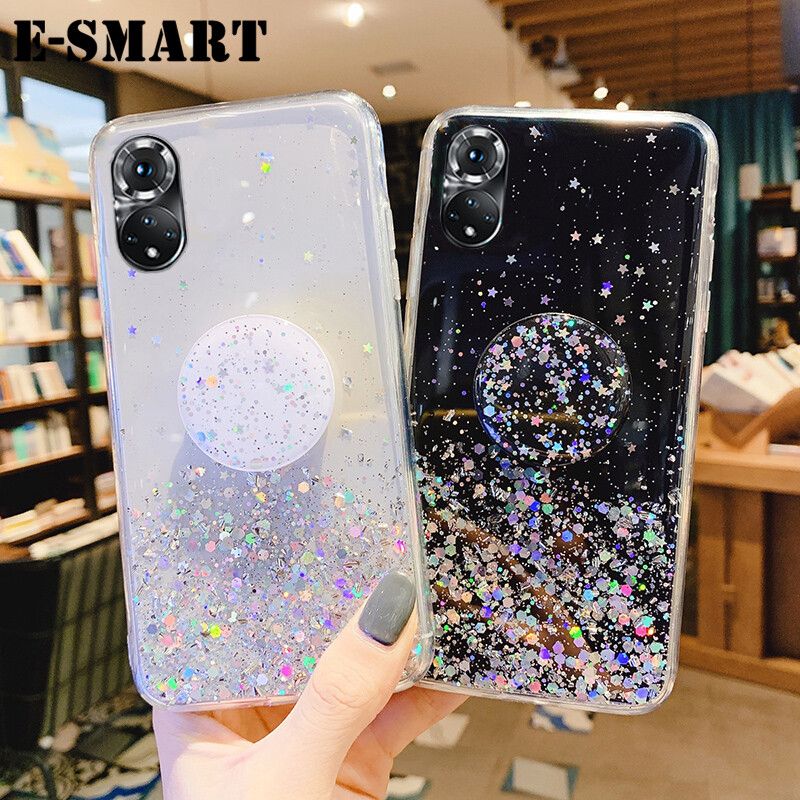 Phone case Huawei Nova 9 Back cover Shiny Ring Glitter Soft Transparent Holder Stand Back cover with String Glitter Space Stars Moon Huawei Nova9 Case