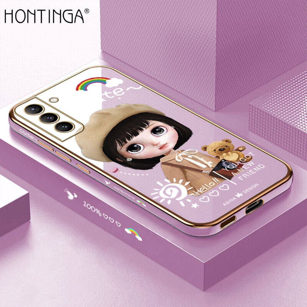Hontinga for Samsung S21 Plus 5G Back Cover + Free Lanyard Luxury 6D Plating Cute Satchel Girl Side Pattern Case Soft Silicone Square Mobile Cover