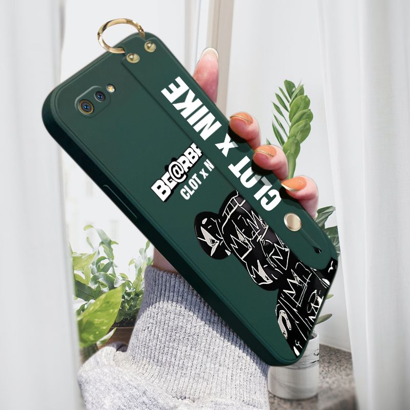 Jizetin for Realme C2 Wrist Strap Case Creative Cartoon Black Stitching Bear Cover Ultra Thin Anti Fall Liquid Silicone Phone Case