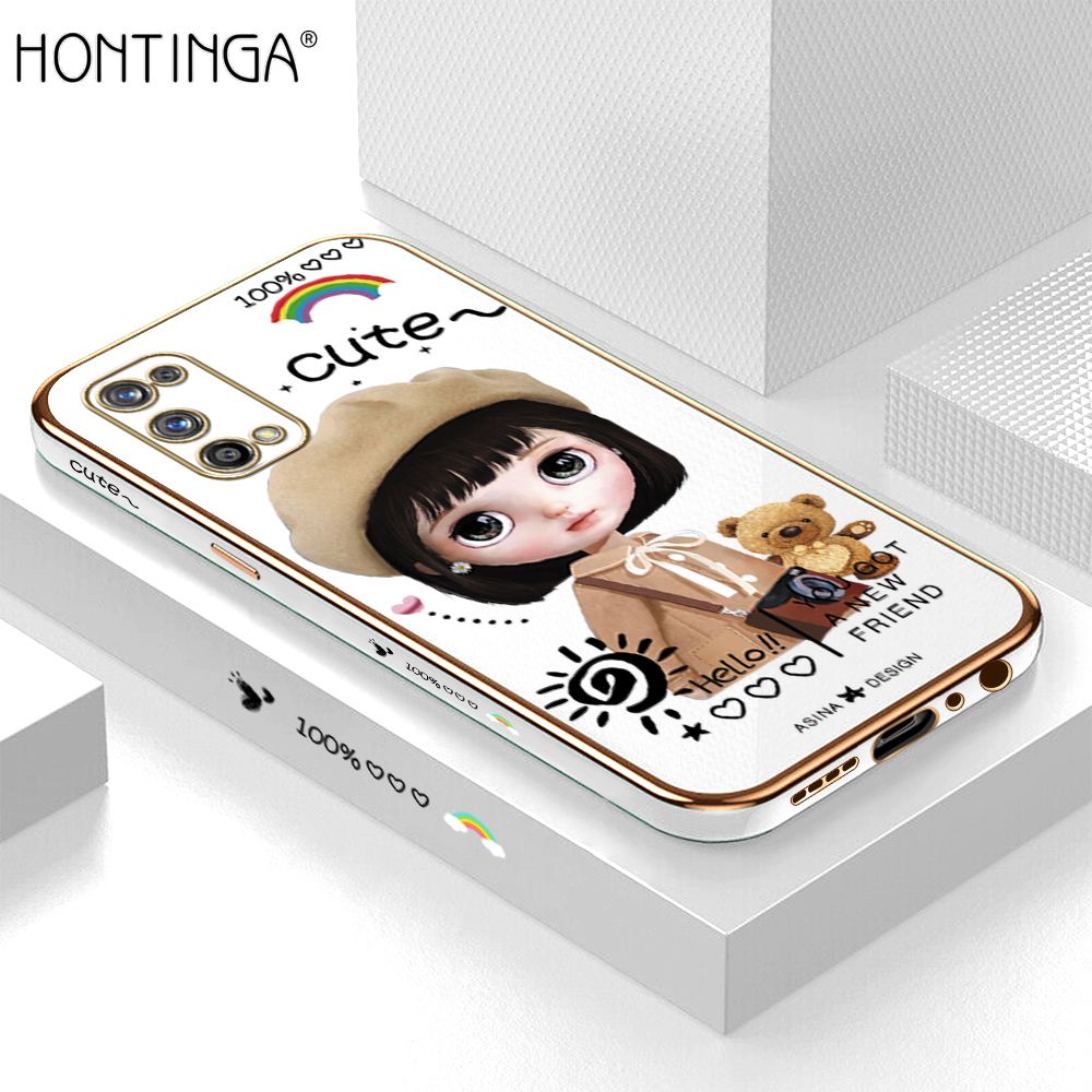 Hontinga for Realme 7 Pro Back Cover + Free Lanyard Luxury 6D Plating Cute Satchel Girl Side Pattern Case Soft Silicone Square Mobile Cover