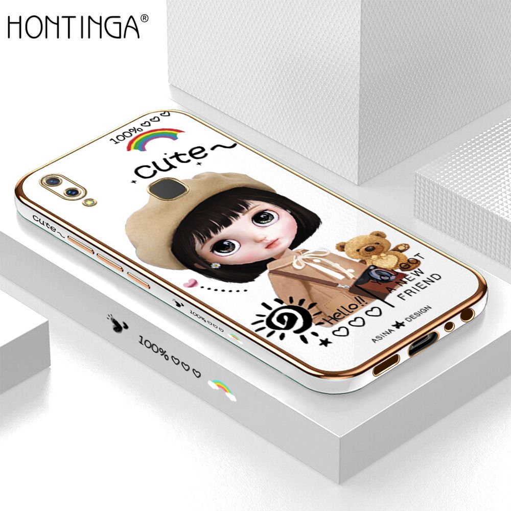 Hontinga for Vivo V9 Back Cover + Free Lanyard Luxury 6D Plating Cute Satchel Girl Side Pattern Case Soft Silicone Square Mobile Cover