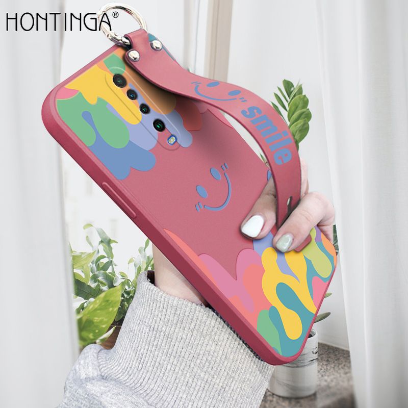 Hontinga for Xiaomi Redmi K30 Wrist Strap Case Soft Candy Color Splash Ink Cover Trend Square Printed Pattern Liquid Silicone Phone Case