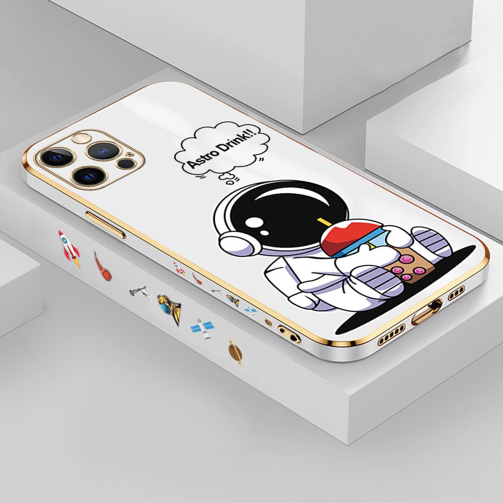 Jizetin (Free Lanyard) iPhone 12 Pro Case Cute Cartoon Drink Astronaut Luxury 6D Plating Soft Casing Silicone Ultra Thin Phone Cover