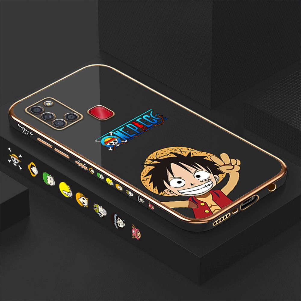Luxury 6D Plating Case for Samsung A21S Happy Luffy Side Pattern Back Cover Soft Silicone Square Phone Cases + Free Lanyard