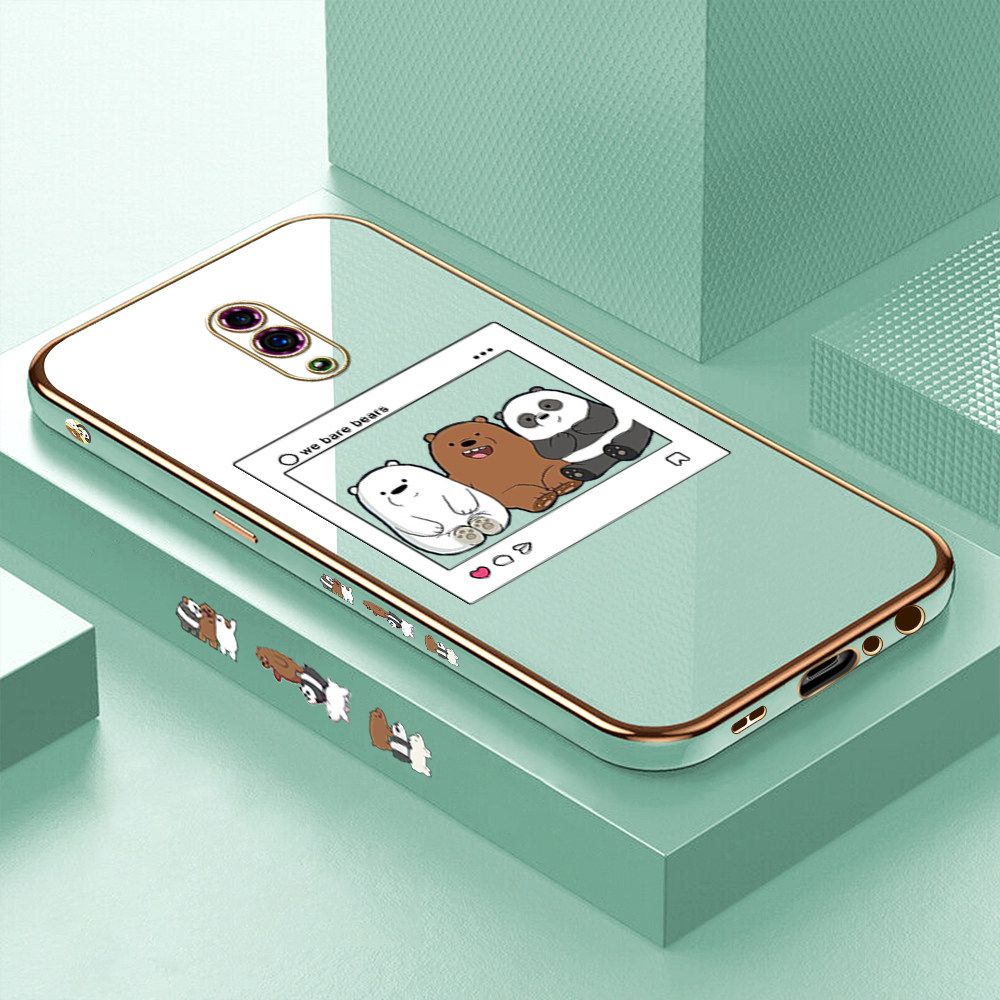 Luxury 6D Plating Case for OPPO Reno Cute Cartoon Anime Bears Side Pattern Back Cover Soft Silicone Square Frame Shiny Bling Phone Cases + Free Lanyard