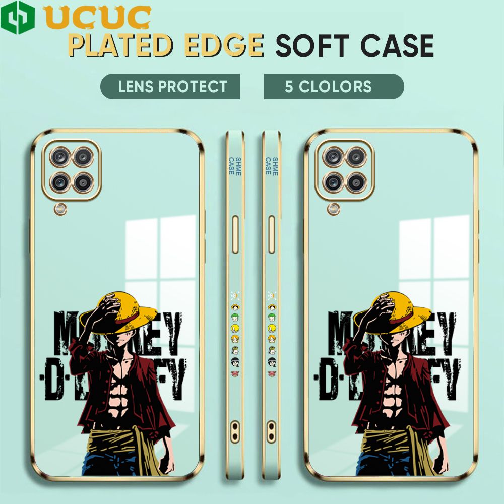 UCUC for Samsung M12 Cover Holding Cap Luffy Luxury 6D Plating Soft Casing Silicone Square Frame Phone Case Shiny Bling Back Cover + Free Lanyard