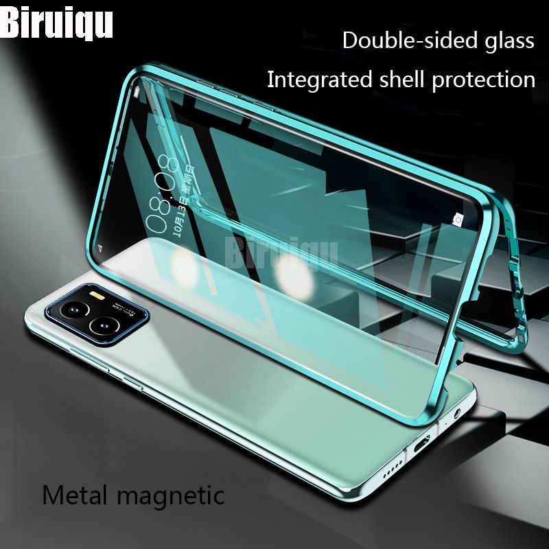 Biruiqu For VIVO Y15S Y15A Magnetic Absorption Case Metal Frame Shockproof Double Sided Tempered Glass Magnetic Case Cover
