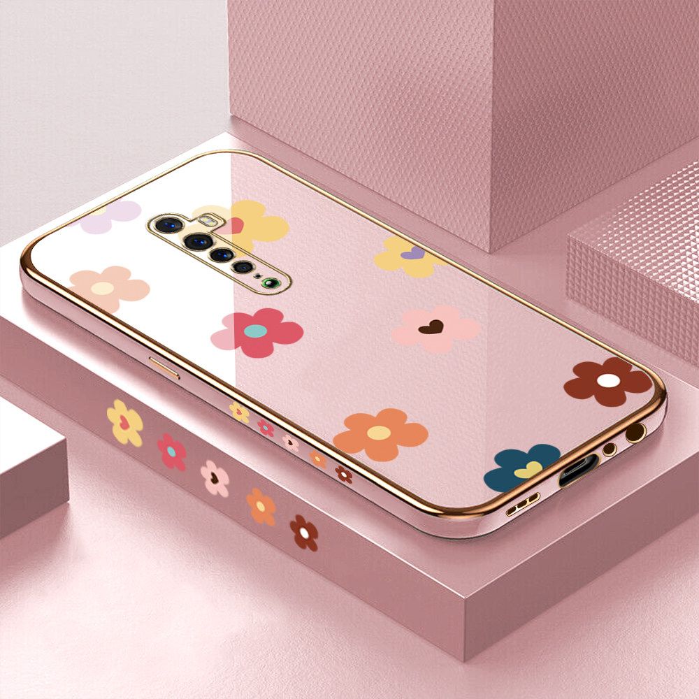 Luxury 6D Plating Case for OPPO Reno 2 Color Cartoon Flowers Side Pattern Back Cover Soft Silicone Square Frame Shiny Bling Phone Cases + Free Lanyard