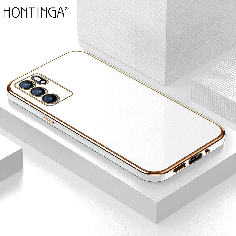 Hontinga for OPPO Reno6 5G Back Cover + Free Lanyard Luxury 6D Plating Frame Shiny Bling Case Soft Silicone Square Phone Cases