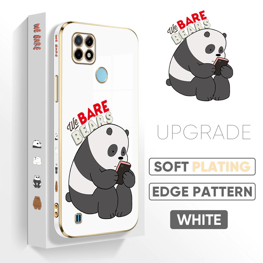 TA for Realme C21Y / Realme C25Y Back Cover + Free Lanyard Panda Reading Luxury 6D Plating Case Side Pattern Soft Silicone Square Phone Cases