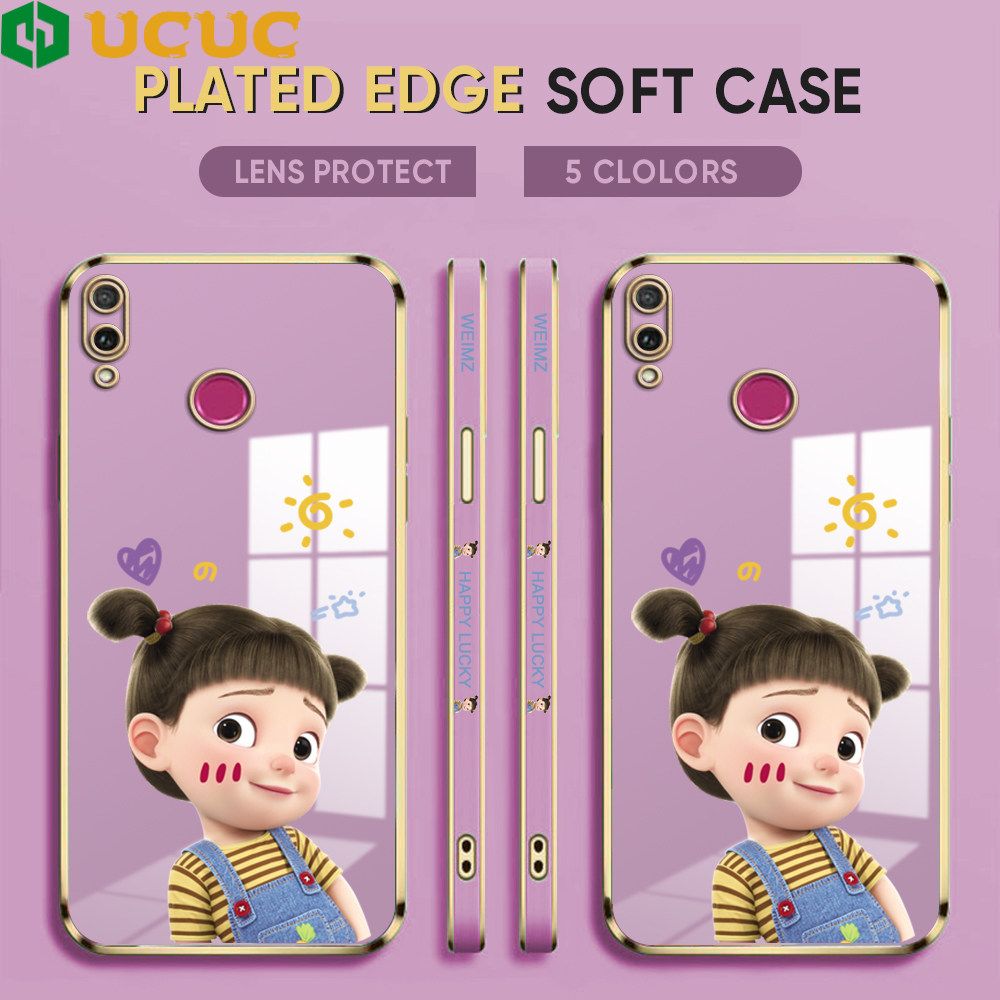UCUC for Honor Y9 2019 Back Cover + Free Lanyard Lovely Girl Luxury 6D Plating Case Side Pattern Soft Silicone Square Phone Cases