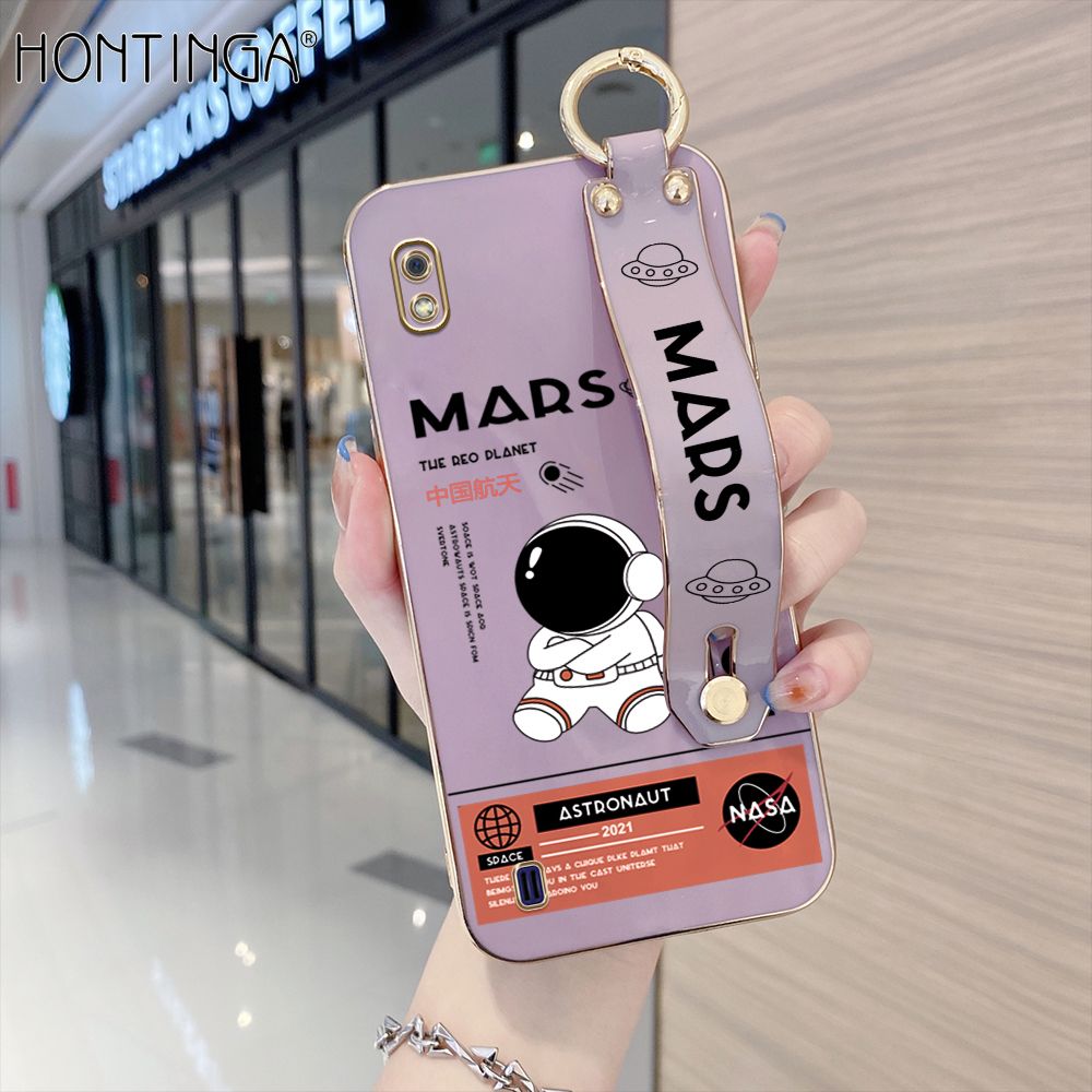 Hontinga for Samsung Galaxy A10 Back Cover With Wristband Luxury 6D Plating Cute Space Astronaut  Case Soft Silicone Square Phone Cases
