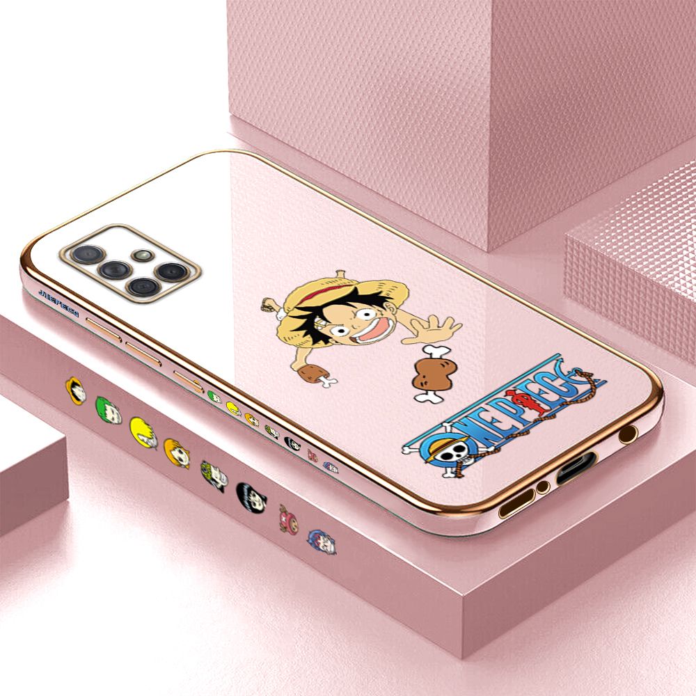Luxury 6D Plating Case for Samsung A71 Cartoon Meaty Luffy Side Pattern Back Cover Soft Silicone Square Phone Cases + Free Lanyard