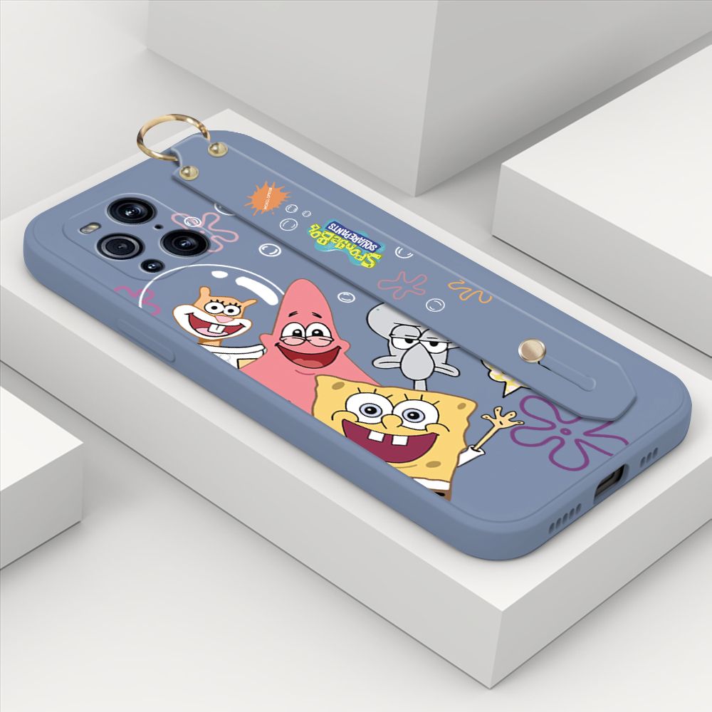 ZeroQiQi for OPPO Find X3 Wrist Strap Case Cute Cute Funny Cartoon Sponge for Square Pants Cover Square Edge Liquid Silicone Anti-drop Phone Case