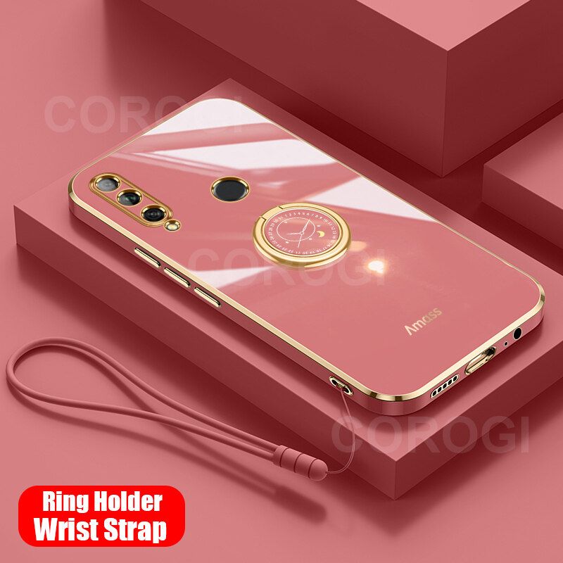 For Huawei Y9 Prime 2019 Back Cover with Ring Holder Stand + Wrist Strap Shiny Plating Square Bumper Protective Case Soft Silicone Shockproof Mobile Phone Cases
