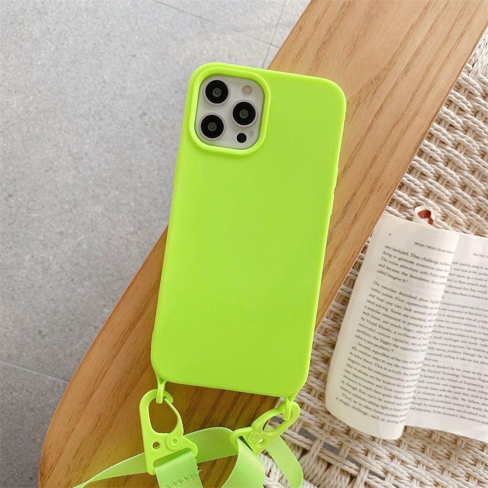 Crossbody Belt Neon Silicone Case For iPhone 12 13 Mini 11 Pro Max XS XR X 7 8 Plus SE 2020 Neck Lanyard Strap Protective Cover