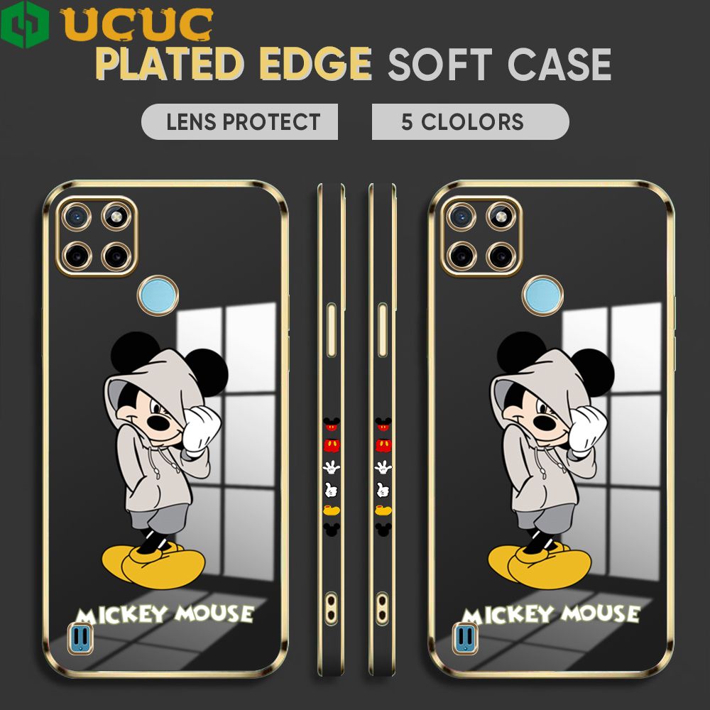 UCUC for Realme C21Y / Realme C25Y Back Cover + Free Lanyard Hoodie Mouse Luxury 6D Plating Case Side Pattern Soft Silicone Square Phone Cases