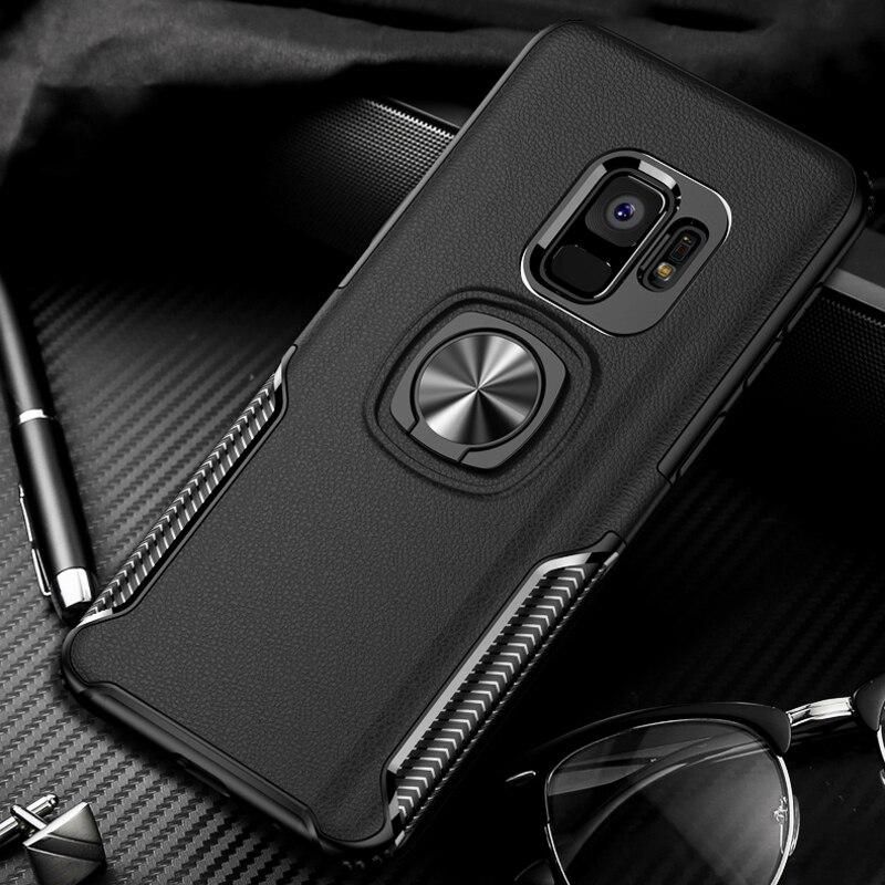 For Samsung Galaxy S8 S9 S10 S20 S21 Plus S10e Ultra Note 8 9 10 Plus A6 A7 A8 A9  Phone Case, Silicone Edge and Hard Back PC Shockproof Ring Holder Cover