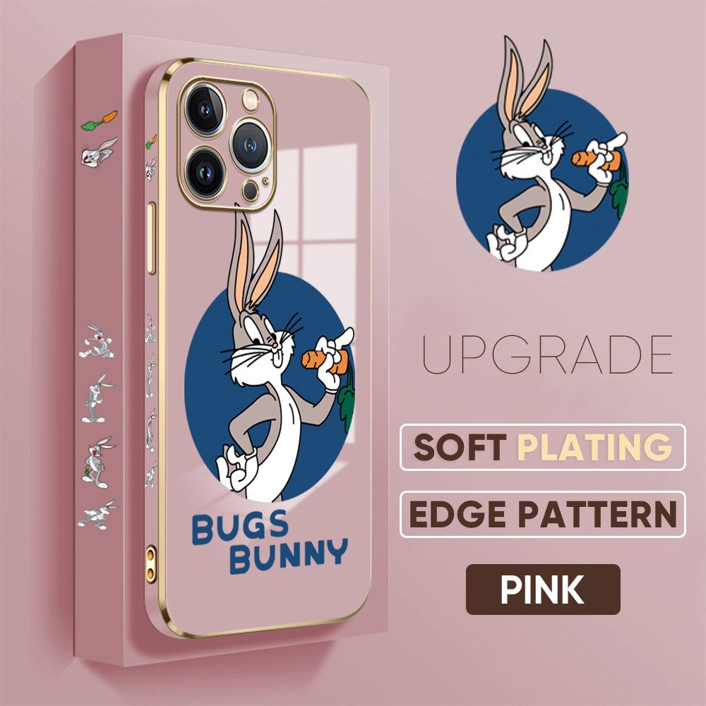 Jizetin (Free Lanyard) iPhone 13 Pro Back Cover Anime Rabbit Luxury 6D Plating Case Side Pattern Soft Silicone Square Mobile Phone Cases
