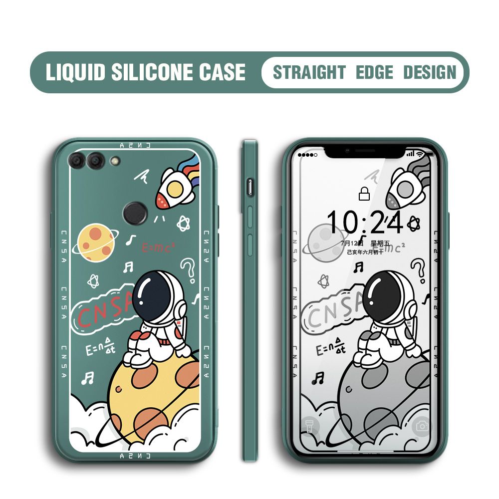 BILI for Huawei Y9 2018 Back Cover Little Astronaut Sit In Planet Multicolor Liquid Silicone Phone Case Soft Square Lens Protection Phone Cases