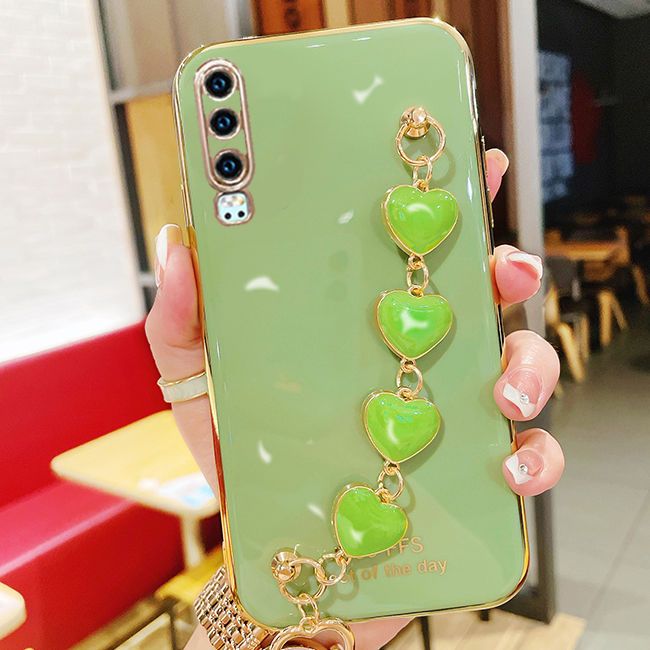 For Huawei P30 Back Cover with Love Heart Chain Wrist Strap Fashion Bracelet Shiny Plating Bumper Protective Case Silicone Shockproof Mobile Phone Cases