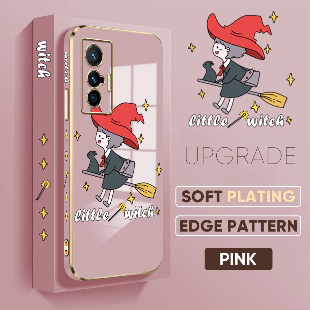 TA for Vivo X70 5G Back Cover + Free Lanyard Flying Witch for Girls Luxury 6D Plating Case Side Pattern Soft Silicone Square Phone Cases