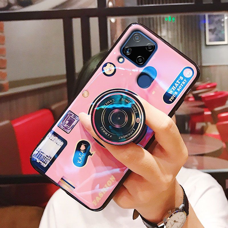 Fashion 3D Cute Retro Camera With Stand Phone Case For Realme C15 C12 C17 C20 C21 C25 Realme 7 Realme narzo 20 narzo 30A Narzo 20 ProGrip Holder Soft Silicone Woman Back Cover