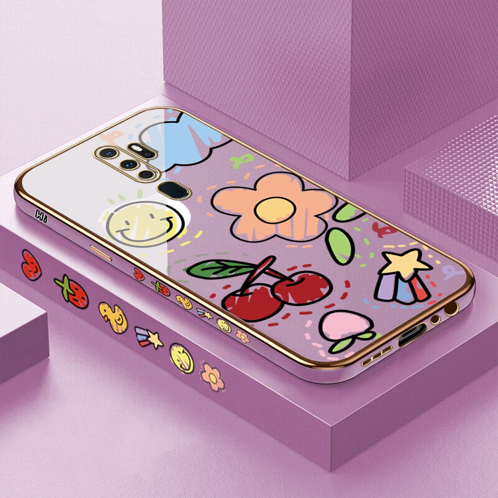 Luxury 6D Plating Case for OPPO A5 2020 Color Cartoon cherry Peach Side Pattern Back Cover Soft Silicone Square Frame Shiny Bling Phone Cases + Free Lanyard