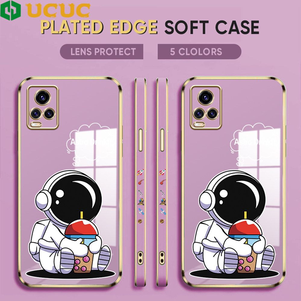 UCUC for Vivo V20 Pro Back Cover + Free Lanyard Cute Astronaut Luxury 6D Plating Case Side Pattern Soft Silicone Square Phone Cases