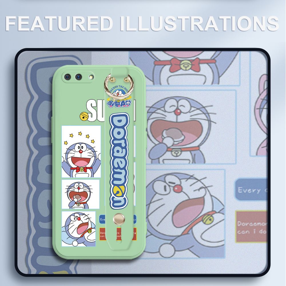 UCUC for OPPO A3S Wrist Strap Case Creative Cartoon Doraemon's Daily Life Cover Ultra Thin Anti Fall Liquid Silicone Phone Case