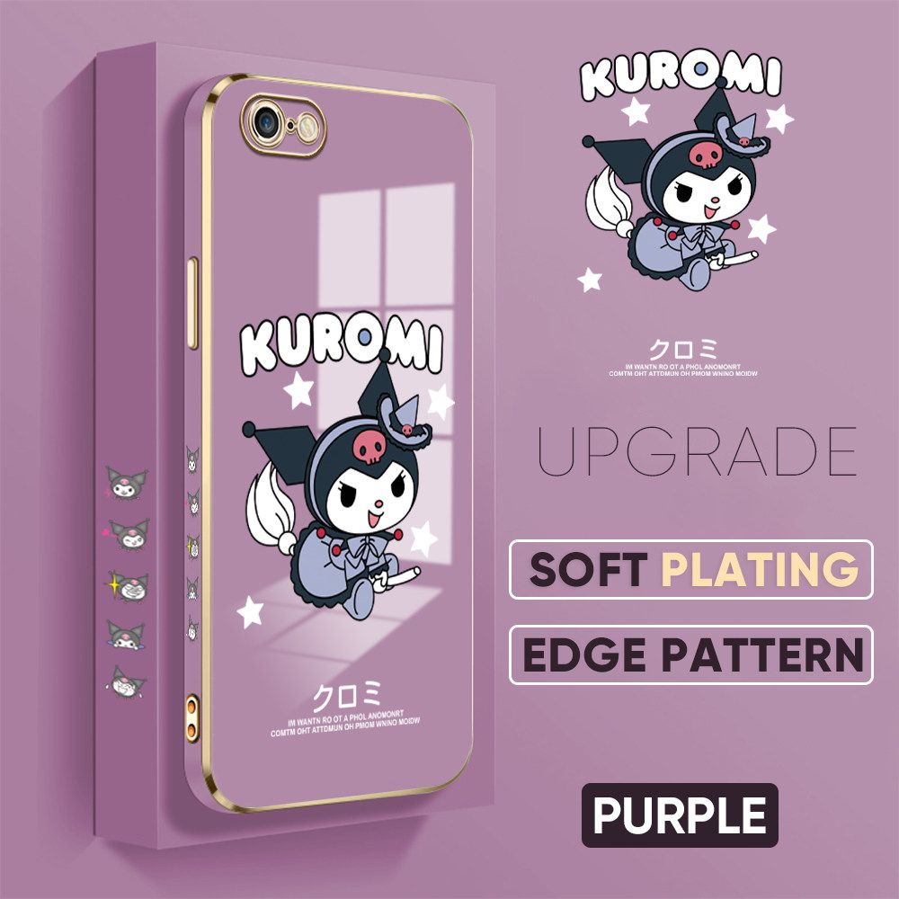 TA for iPhone 6 / 6S Back Cover + Free Lanyard Cute Kuromi Luxury 6D Plating Case Side Pattern Soft Silicone Square Phone Cases