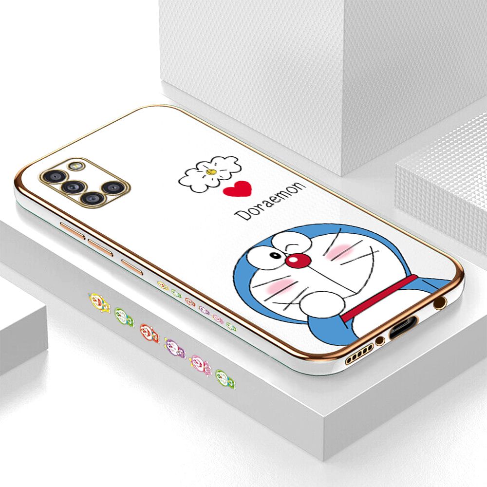 Luxury 6D Plating Case for Samsung A31 Cartoon Giggle Meow Side Pattern Back Cover Soft Silicone Square Phone Cases + Free Lanyard