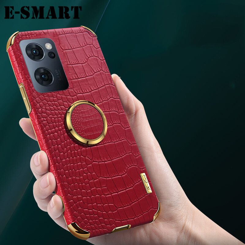 Phone Case OPPO Reno 7 Pro Back Cover Crocodile Pattern Leather for OPPO Reno7 Pro Electroplated Edge Rotating Ring Protective Case