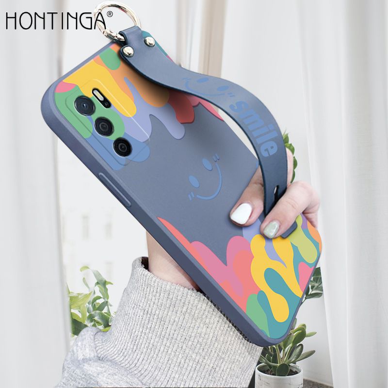 Hontinga for OPPO A16 Wrist Strap Case Soft Candy Color Splash Ink Cover Trend Square Printed Pattern Liquid Silicone Phone Case