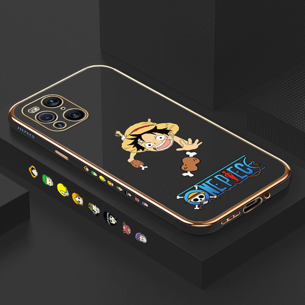 Luxury 6D Plating Case for OPPO Find X3 Gluttonous Cartoon Luffy Side Pattern Back Cover Soft Silicone Square Frame Shiny Bling Phone Cases + Free Lanyard