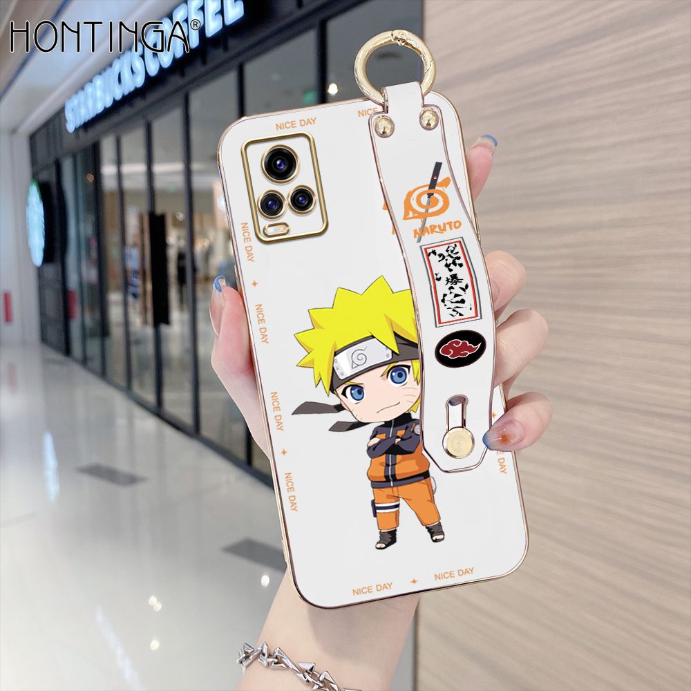 Hontinga for Vivo V20 Pro Back Cover With Wristband Luxury 6D Plating Anime Naruto Uzumaki Case Soft Silicone Square Phone Cases