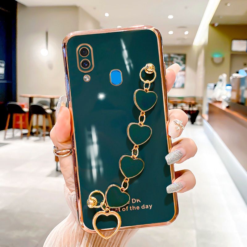 For Samsung Galaxy A30 Back Cover with Love Heart Chain Wrist Strap Fashion Bracelet Shiny Plating Bumper Protective Case Silicone Shockproof Mobile Phone Cases