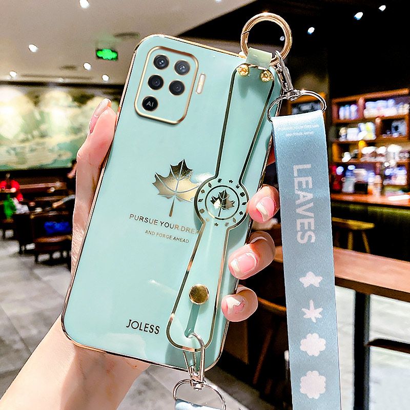 For OPPO F19 Pro Back Cover with Lanyard + Wristband Fashion Shiny Maple Leaf Plating Bumper Stand Holder Case Camera Protection Soft Silicone Mobile Phone Cases