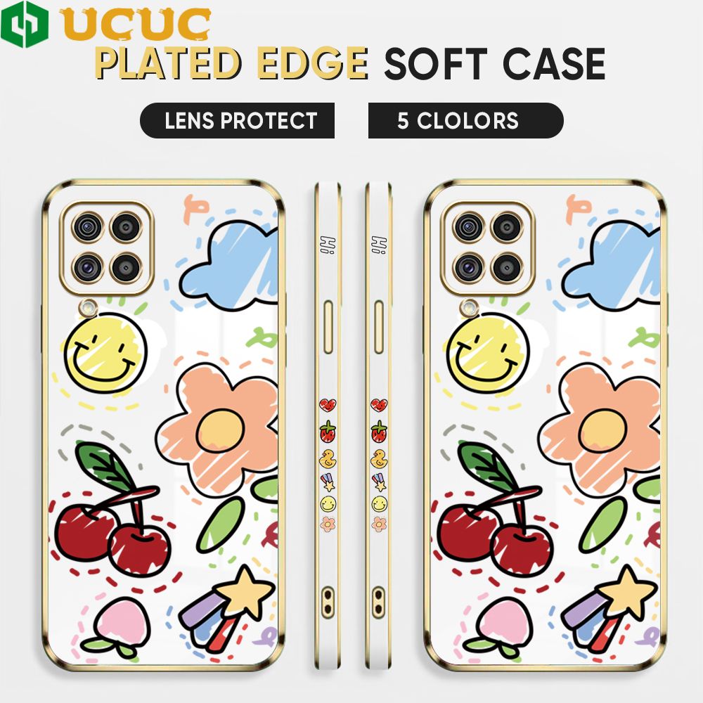 UCUC for Samsung Galaxy F62 Cover Fruit Doodle Luxury 6D Plating Soft Casing Silicone Square Frame Phone Case Shiny Bling Back Cover + Free Lanyard
