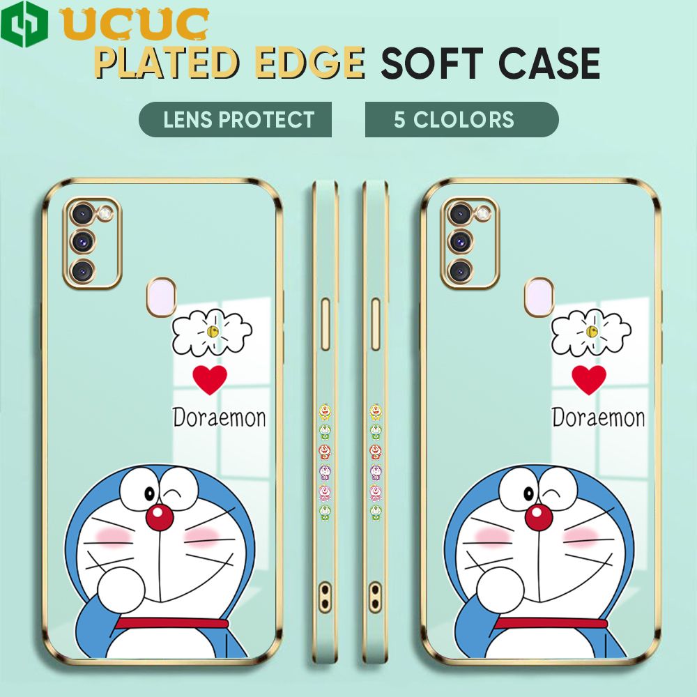 UCUC for Samsung Galaxy M21 M30S Back Cover + Free Lanyard Sneak Doraemon Luxury 6D Plating Case Side Pattern Soft Silicone Square Phone Cases