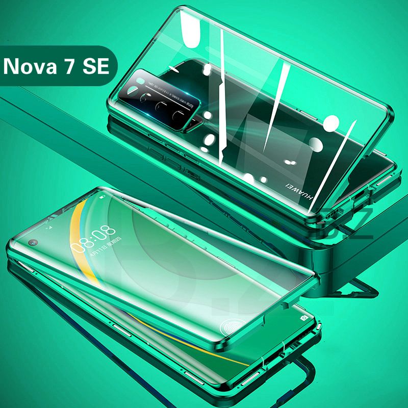 For Huawei Nova 7 SE Magnetic Case 360 Front+Back double-sided 9H Tempered Glass Case For Huawei Nova 7 SE Camera Lens Protective Metal Bumper Case