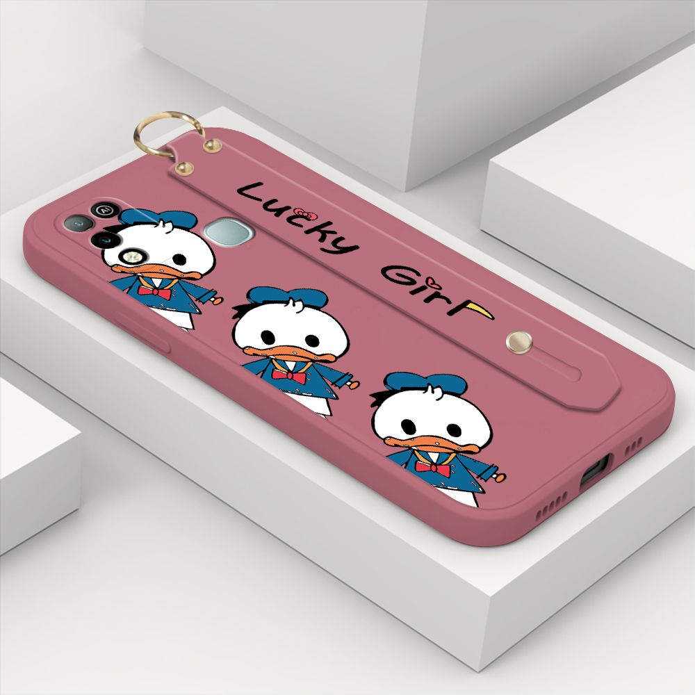 ZeroQiQi for Infinix Hot 10 Play Wrist Strap Case Cute Cartoon Little Duck Phone Case Square Edge Liquid Silicone Case Full Cover Camera Shockproof Protective Cases