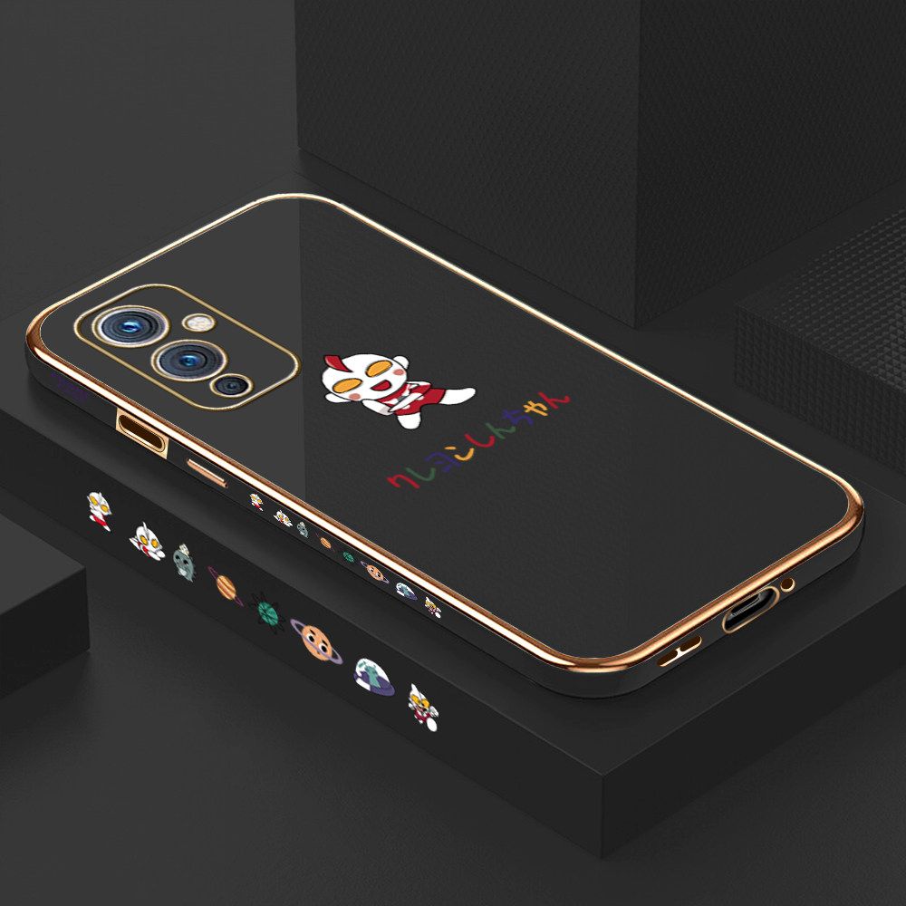 Luxury 6D Plating Case for OnePlus 9 Cute Cartoon Side Pattern Back Cover Soft Silicone Square Frame Shiny Bling Phone Cases + Free Lanyard