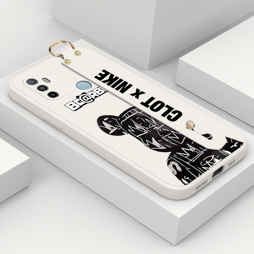 ZeroQiQi for OPPO A53 2020 Wrist Strap Case Fashion Black Brand Bear Phone Case Square Edge Liquid Silicone Cases Full Cover Camera Shockproof Protection Cases