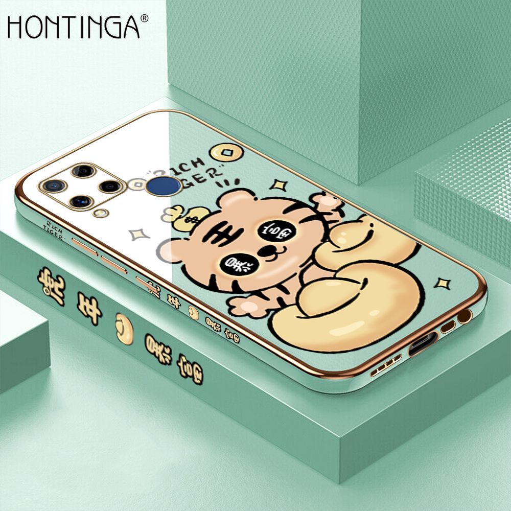 Hontinga for Realme C15 Back Cover + Free Lanyard Luxury 6D Plating Cartoon Get Rich Tiger Side Pattern Caese Soft Silicone Square Phone Cases