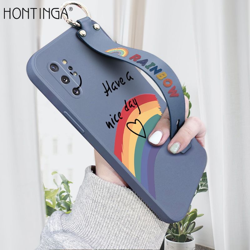 Hontinga for Samsung Galaxy Note 10 Plus Wrist Strap Case Lovely Graffiti Rainbow Smile Thin Phone Cover Square Edge Liquid Silicone Creativity Phone Case
